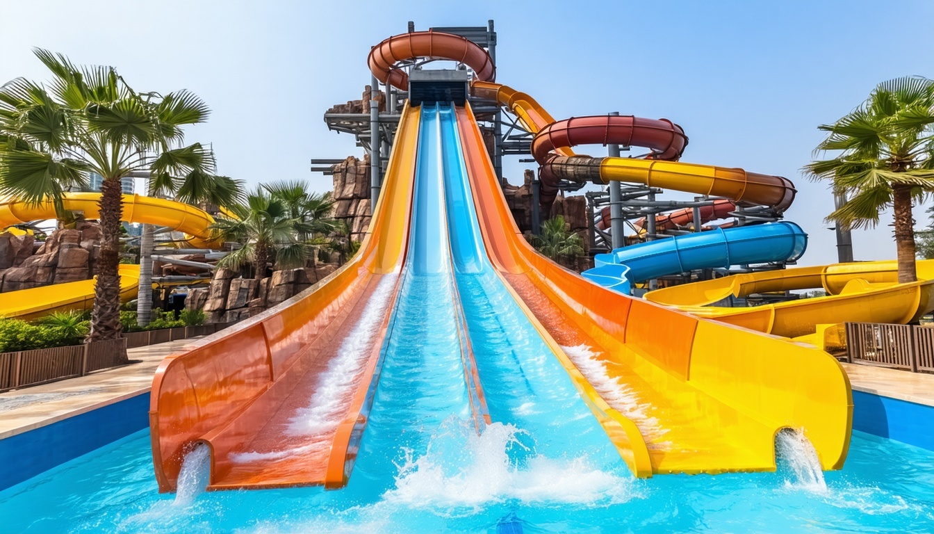 Towering water slides and splash zones at Aquaventure World Dubai