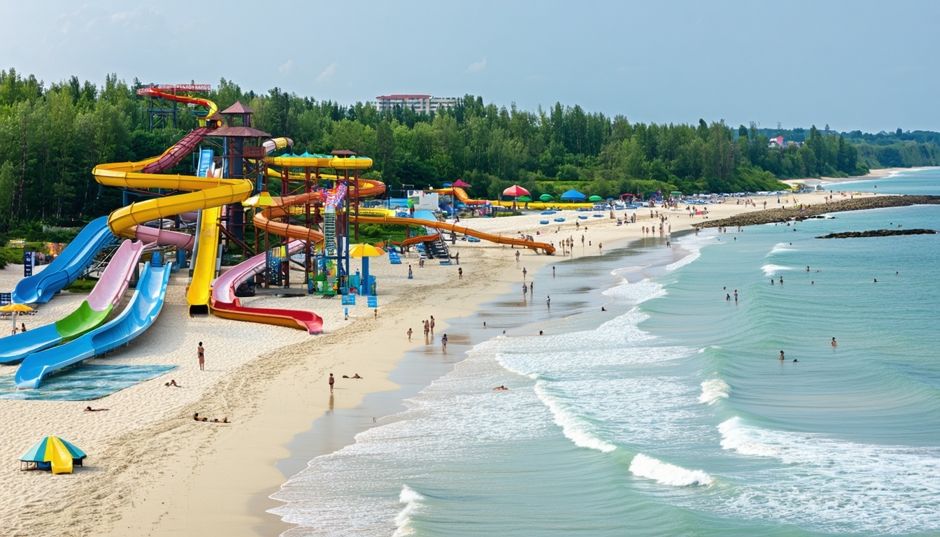 Scenic beachfront and leisure areas within the waterpark