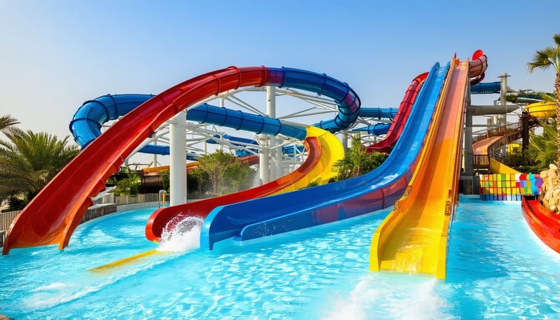A vibrant view of Aquaventure World Dubai's waterpark with exciting slides and attractions.