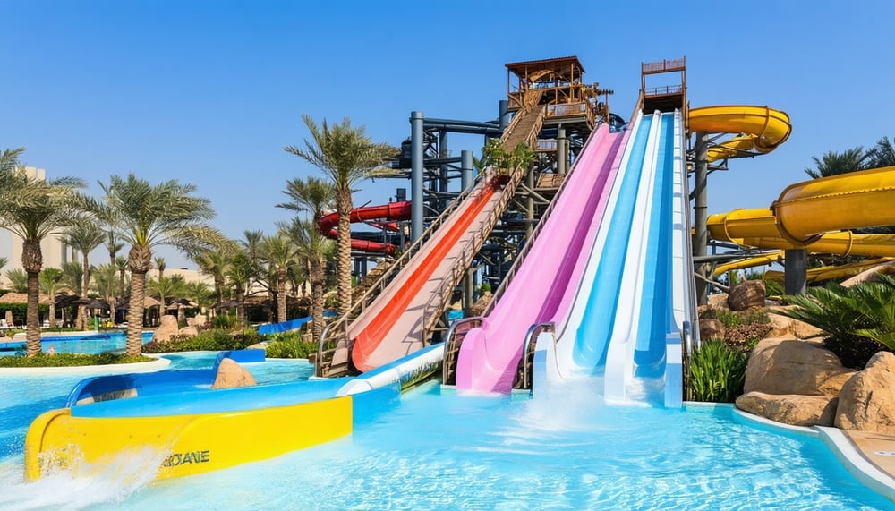 Aquaventure World Dubai waterpark with slides and palm trees