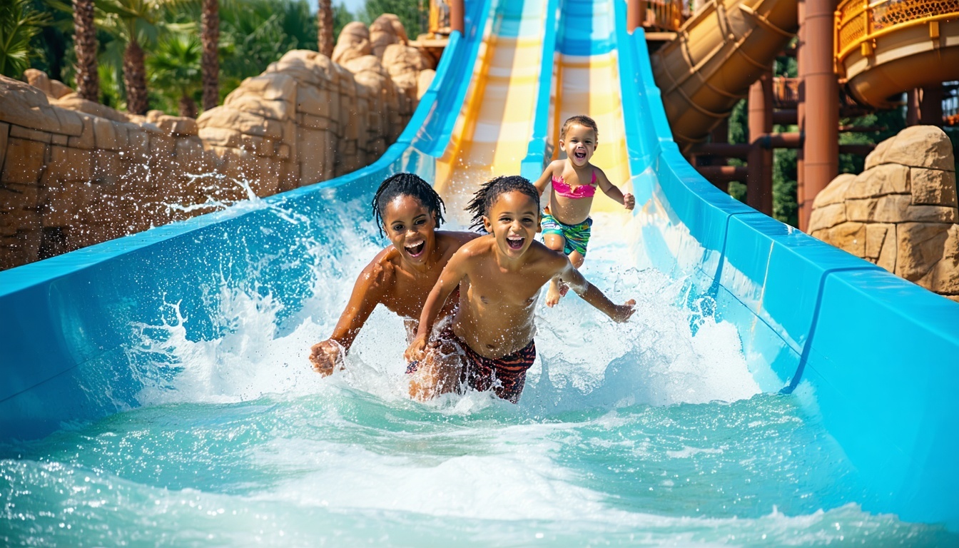 Family enjoying water slides at Aquaventure World Dubai